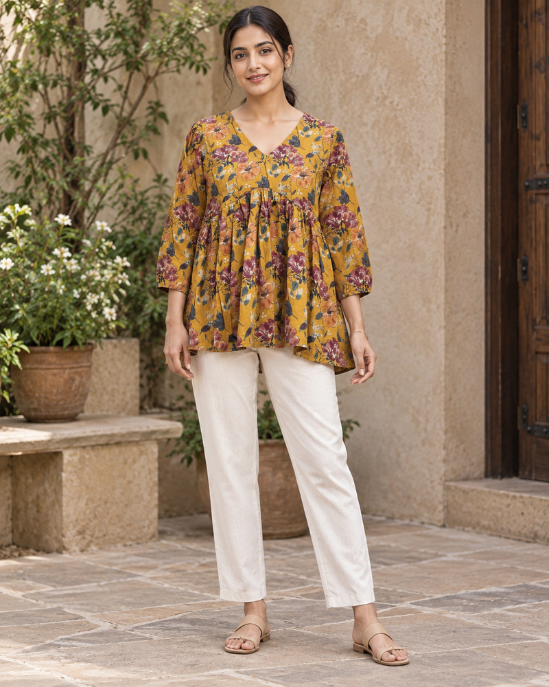Women's Mustard Floral Print Peplum Top