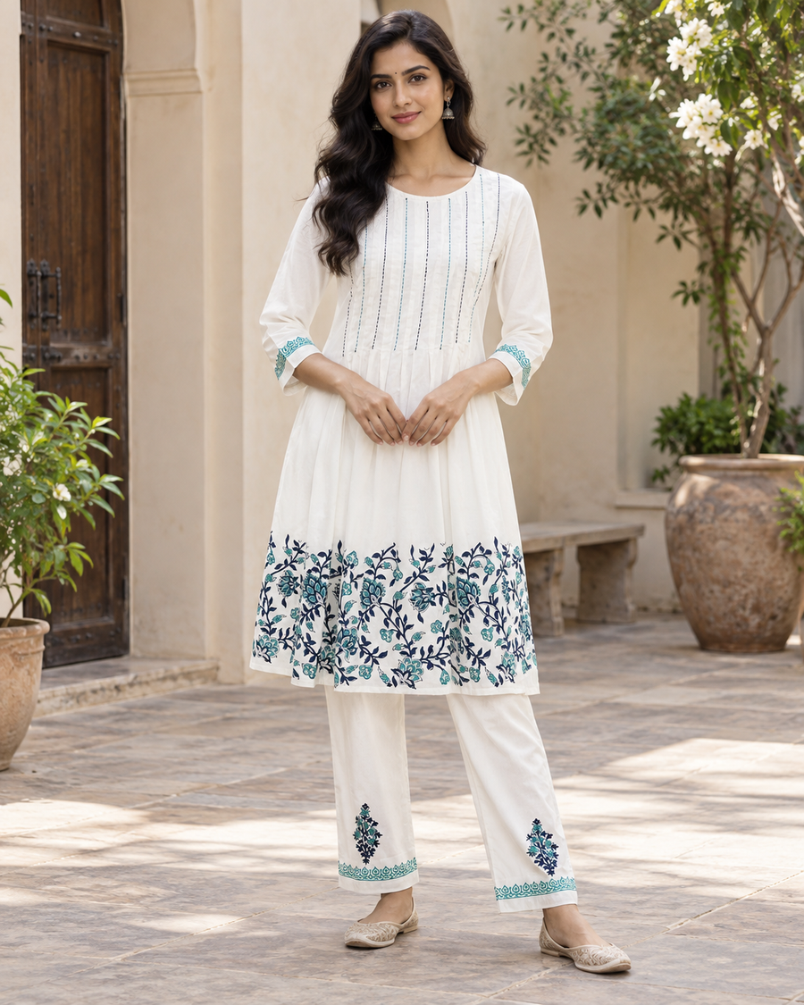 White Pattern Cotton Coord Set front