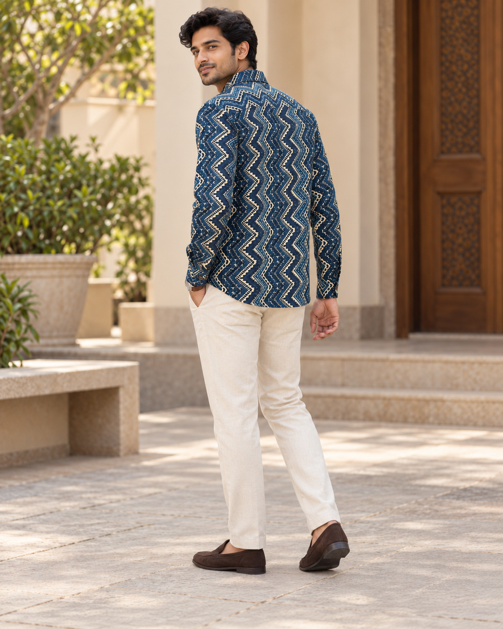 Men's Indigo Chevron Block Print Full Sleeve Shirt back — view 2