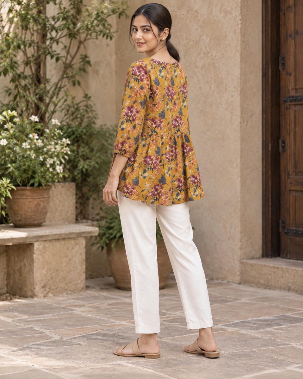 Women's Mustard Floral Print Peplum Top back — view 2
