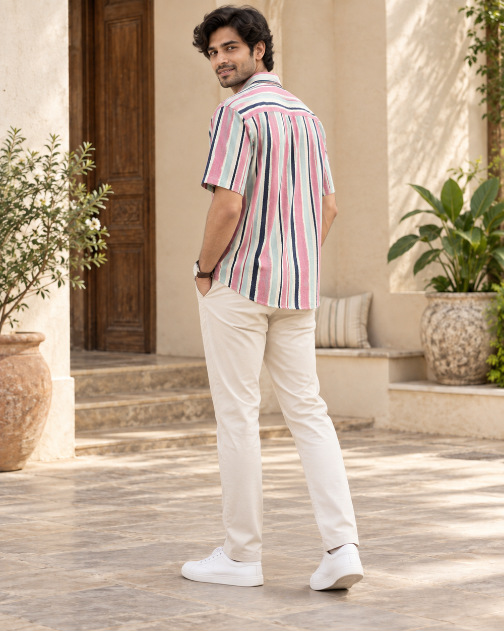 Men's Multicolour Striped Cotton Half Sleeve Shirt back — view 2