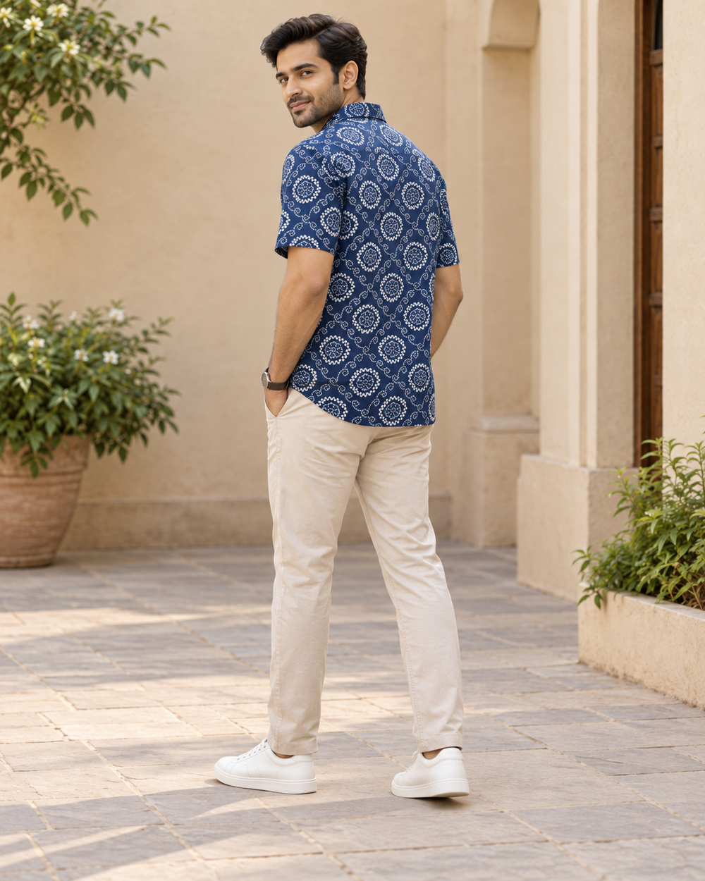 Men's Navy Medallion Block Print Half Sleeve Shirt back — view 2