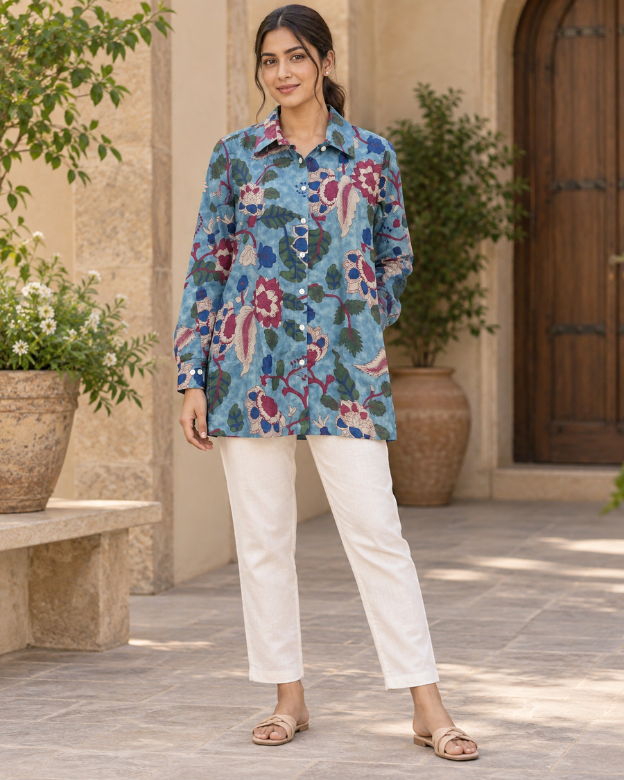 Women's Blue Kalamkari Floral Print Full Sleeve Shirt front