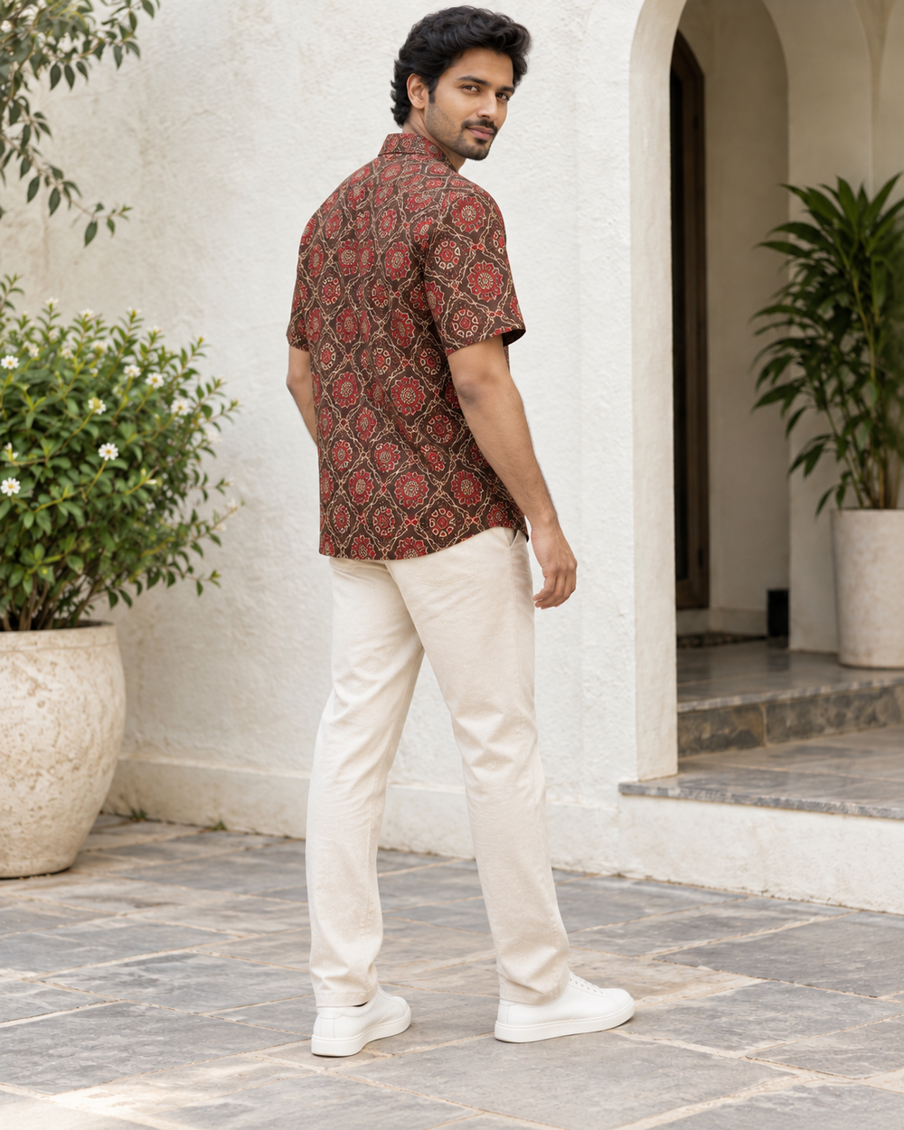 Men's Maroon Ajrakh Medallion Print Camp Collar Shirt back — view 2