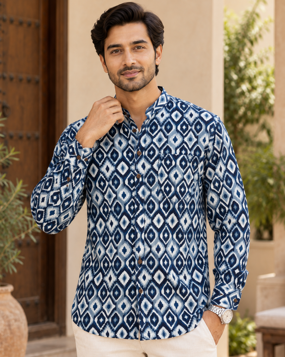 Men's Indigo Ikat Diamond Print Full Sleeve Shirt closeup — view 3