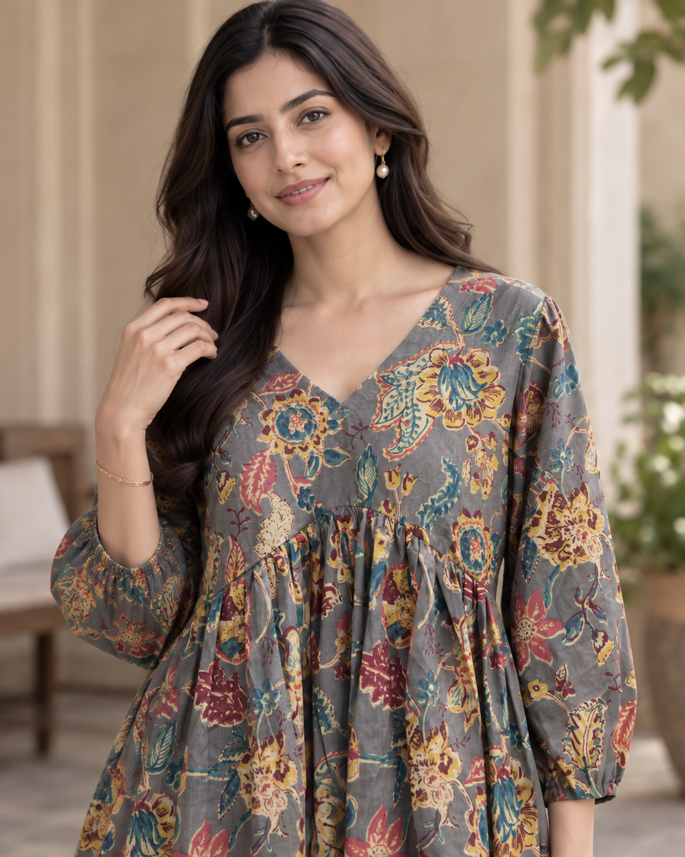 Women's Grey Floral Print Peplum Top closeup — view 3