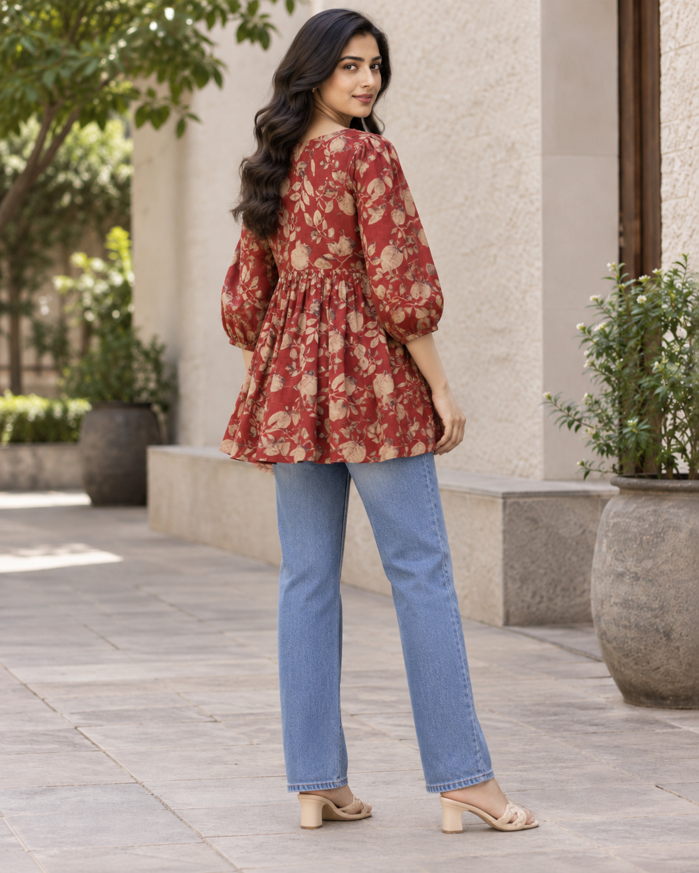 Women's Rust Floral Print Peplum Top back — view 2