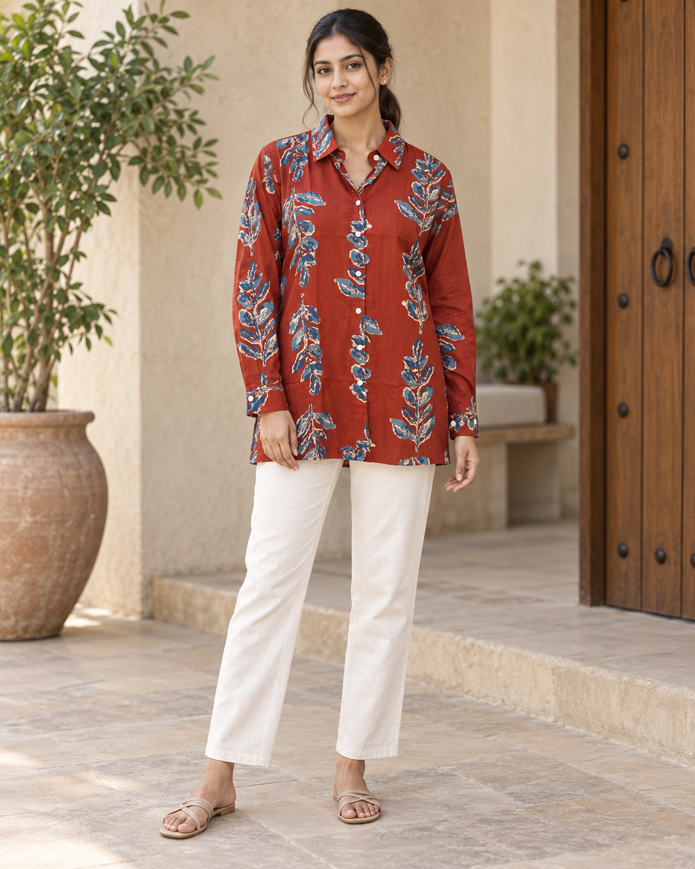 Women's Rust Floral Butta Print Full Sleeve Shirt front alt — view 2