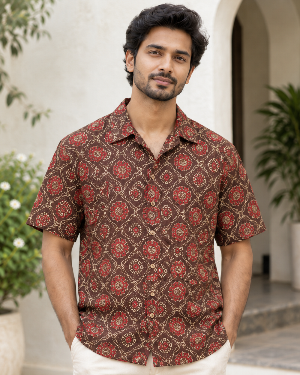 Men's Maroon Ajrakh Medallion Print Camp Collar Shirt closeup — view 3