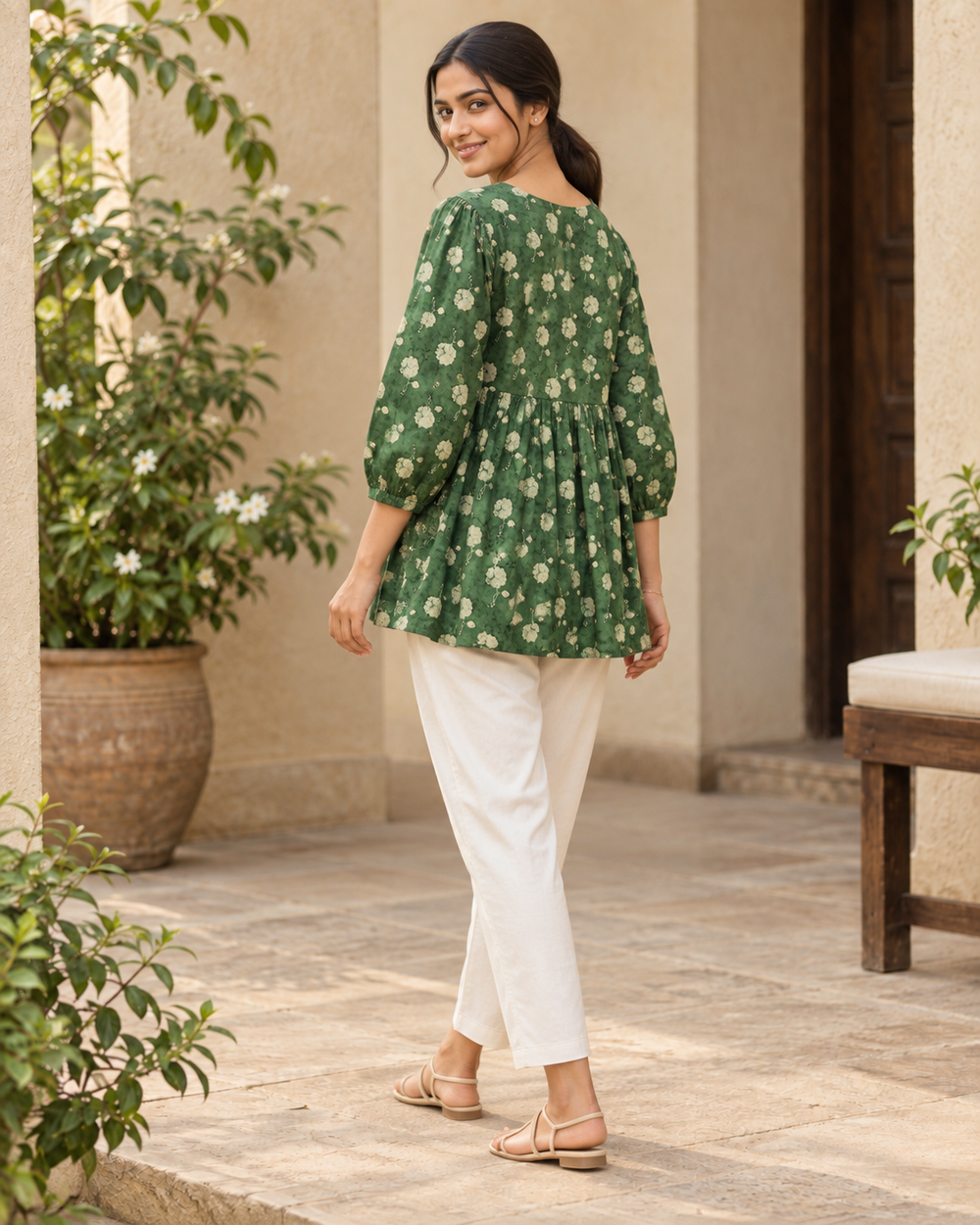 Women's Green Floral Butti Print Peplum Top back — view 2