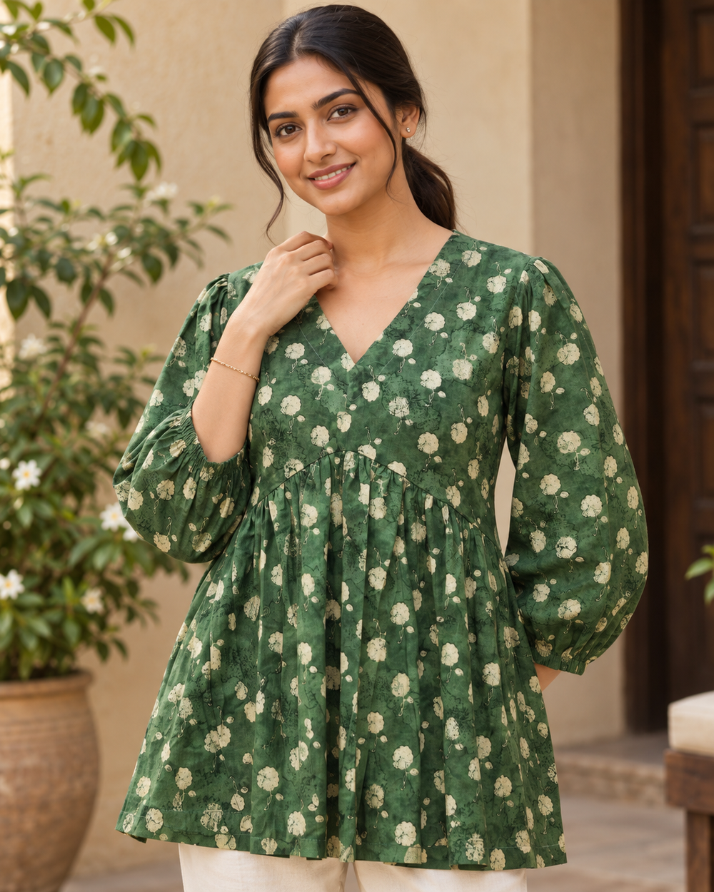 Women's Green Floral Butti Print Peplum Top closeup — view 3