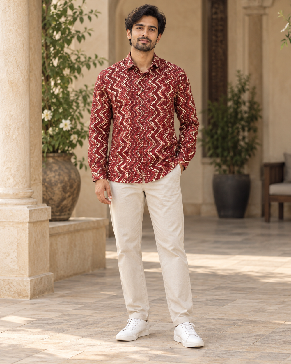Men's Maroon Chevron Block Print Full Sleeve Shirt front — view 1