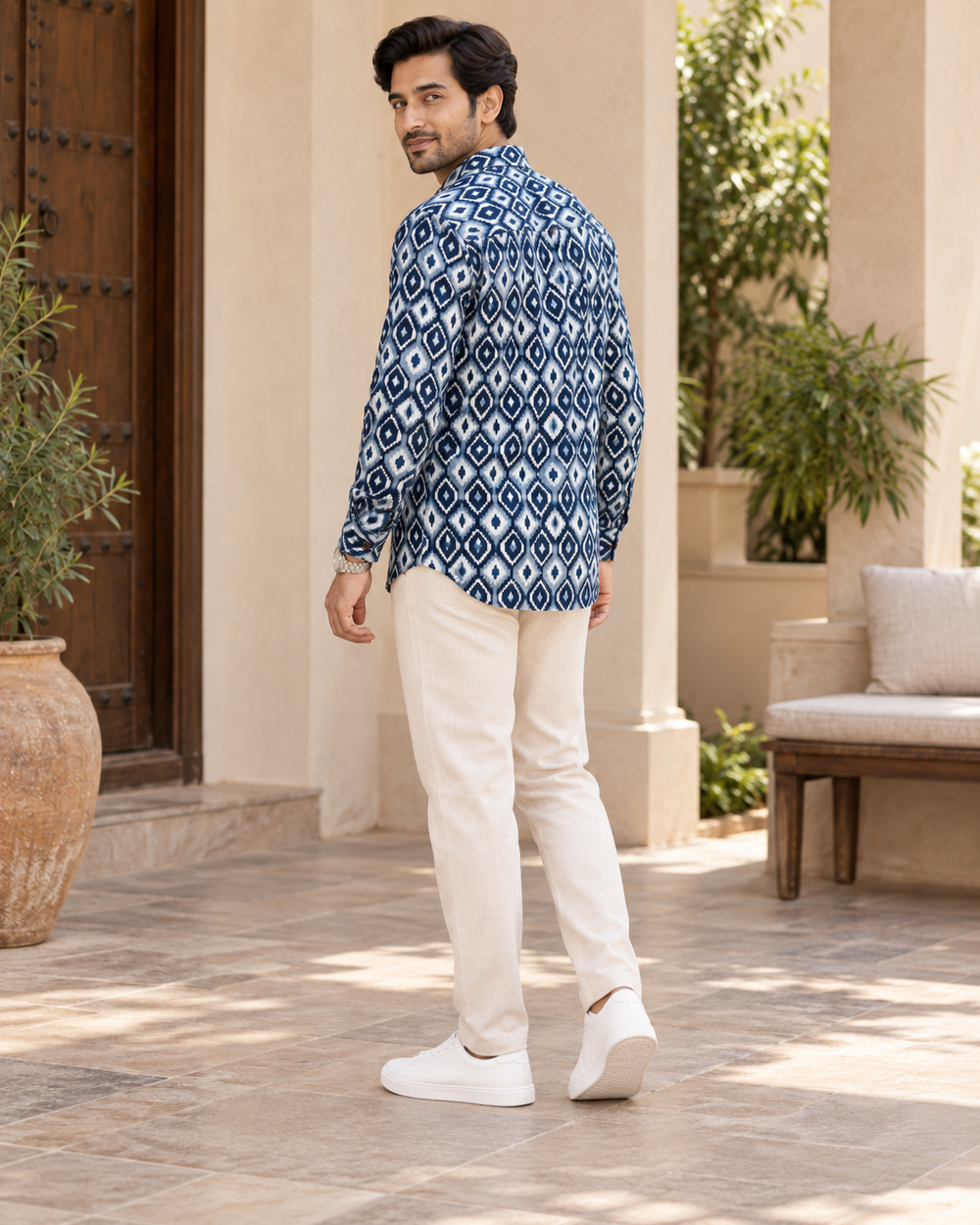 Men's Indigo Ikat Diamond Print Full Sleeve Shirt back — view 2
