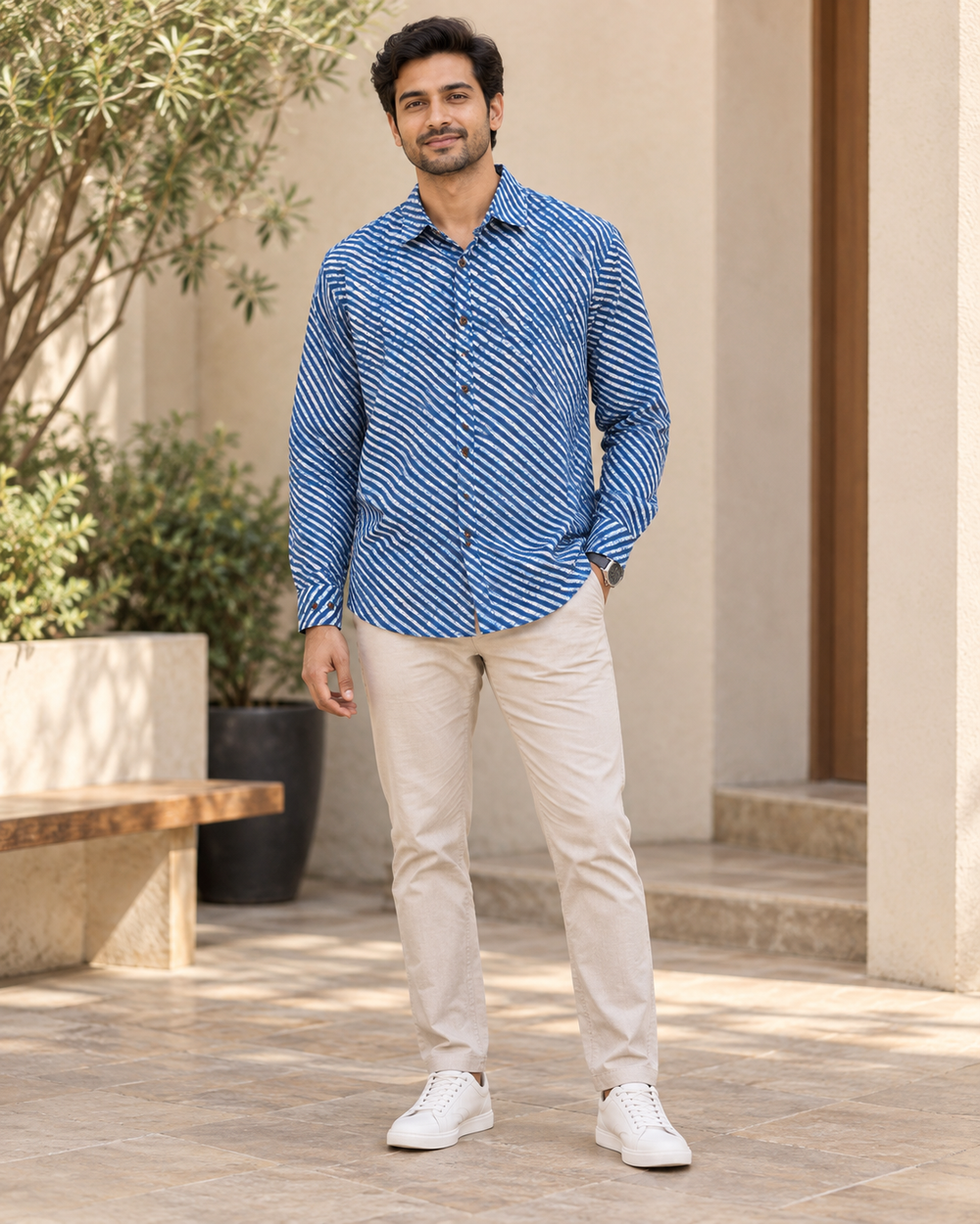 Men's Blue Leheriya Diagonal Stripe Full Sleeve Shirt front — view 1