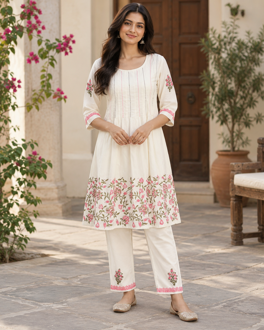 Off White Small Flower Pattern Cotton Coord Set front — view 1