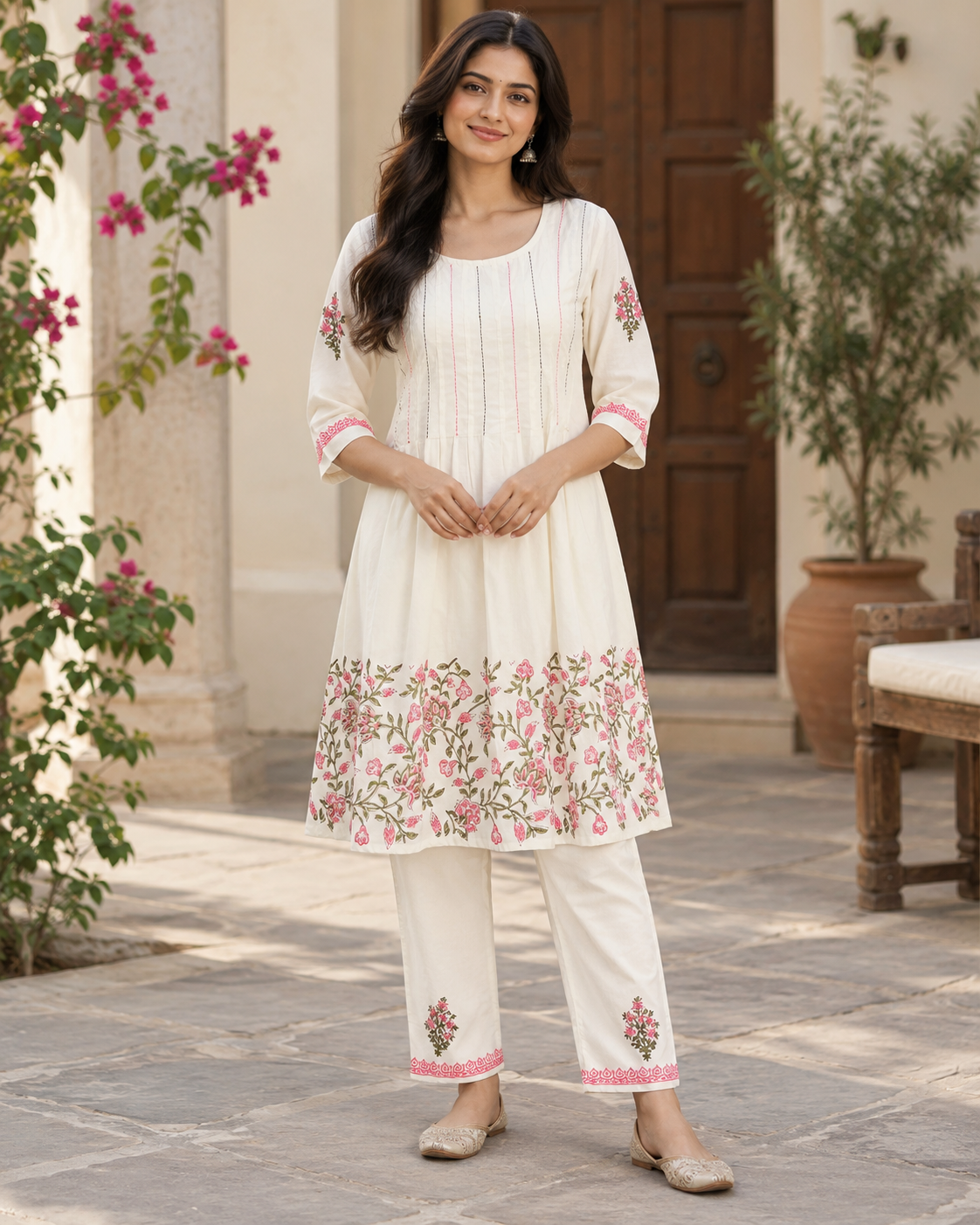 Off White Small Flower Pattern Cotton Coord Set front