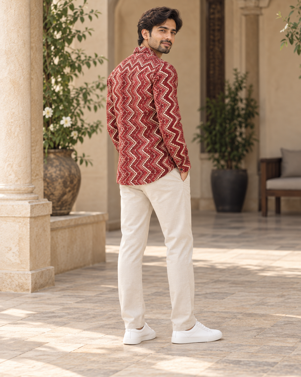 Men's Maroon Chevron Block Print Full Sleeve Shirt back — view 2