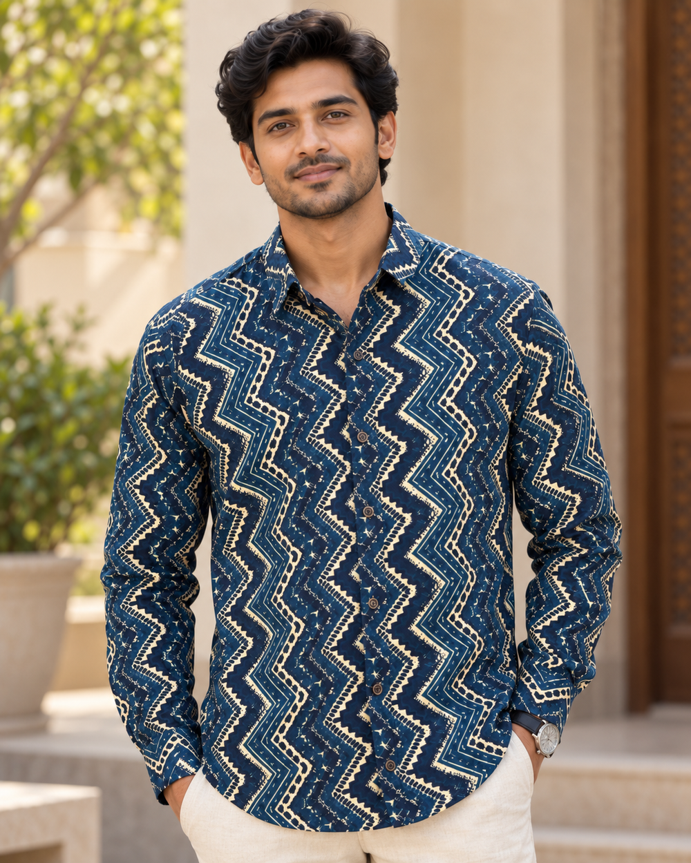 Men's Indigo Chevron Block Print Full Sleeve Shirt closeup — view 3