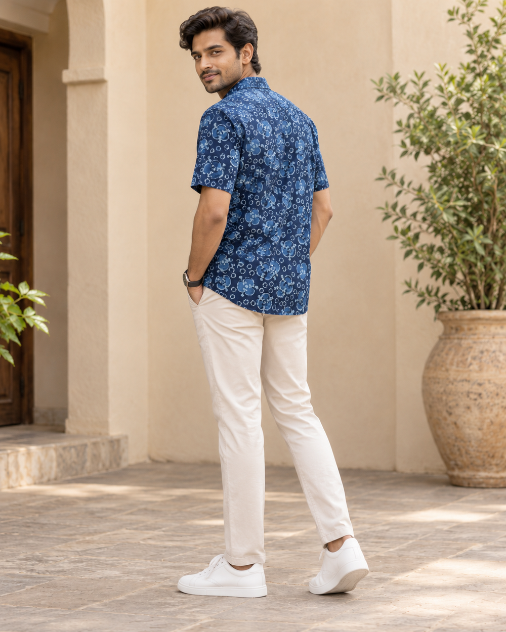 Men's Indigo Floral Jaal Block Print Half Sleeve Shirt back — view 2
