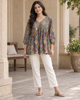 Women's Grey Floral Print Peplum Top