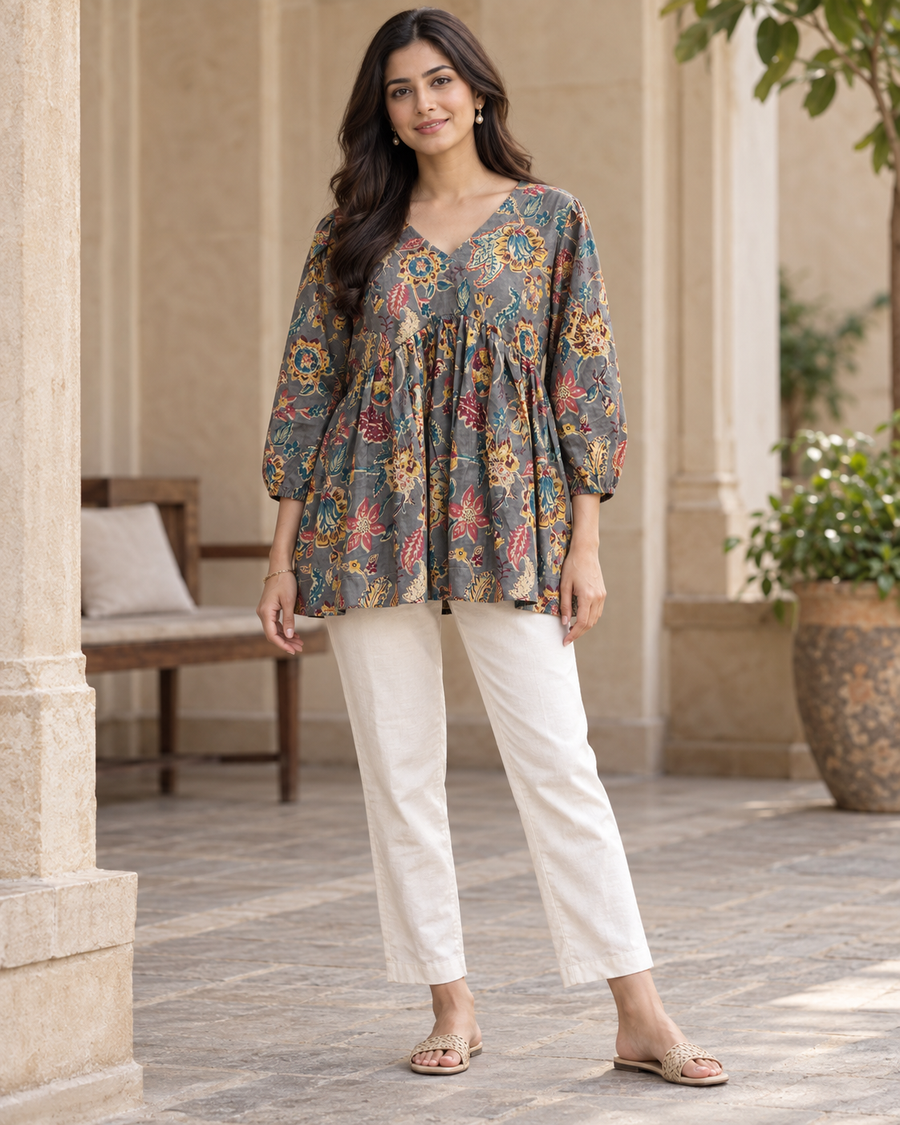 Women's Grey Floral Print Peplum Top front