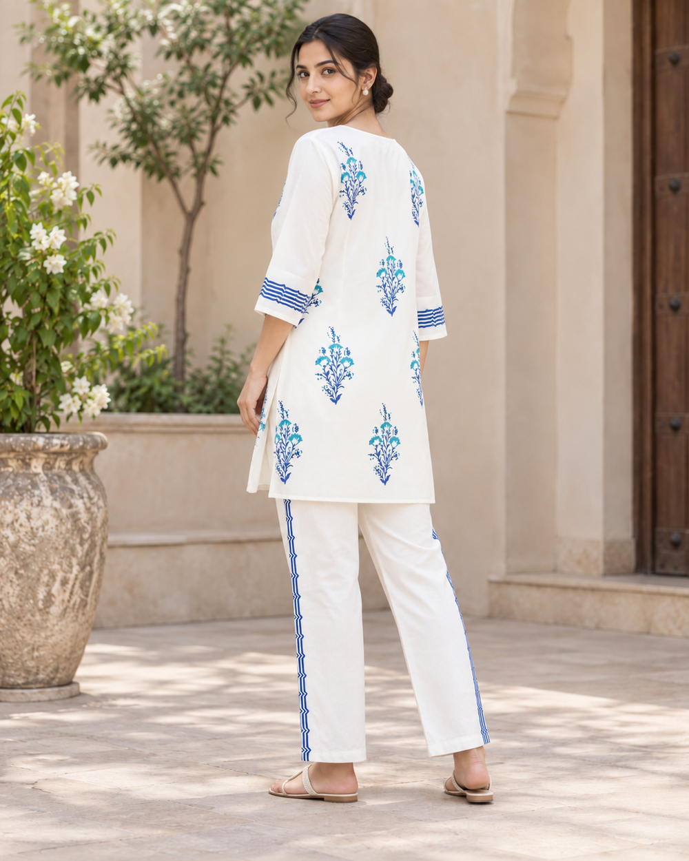 White and Blue Pattern Cotton Coord Set back — view 2