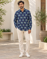 Men's Indigo Elephant Block Print Full Sleeve Shirt