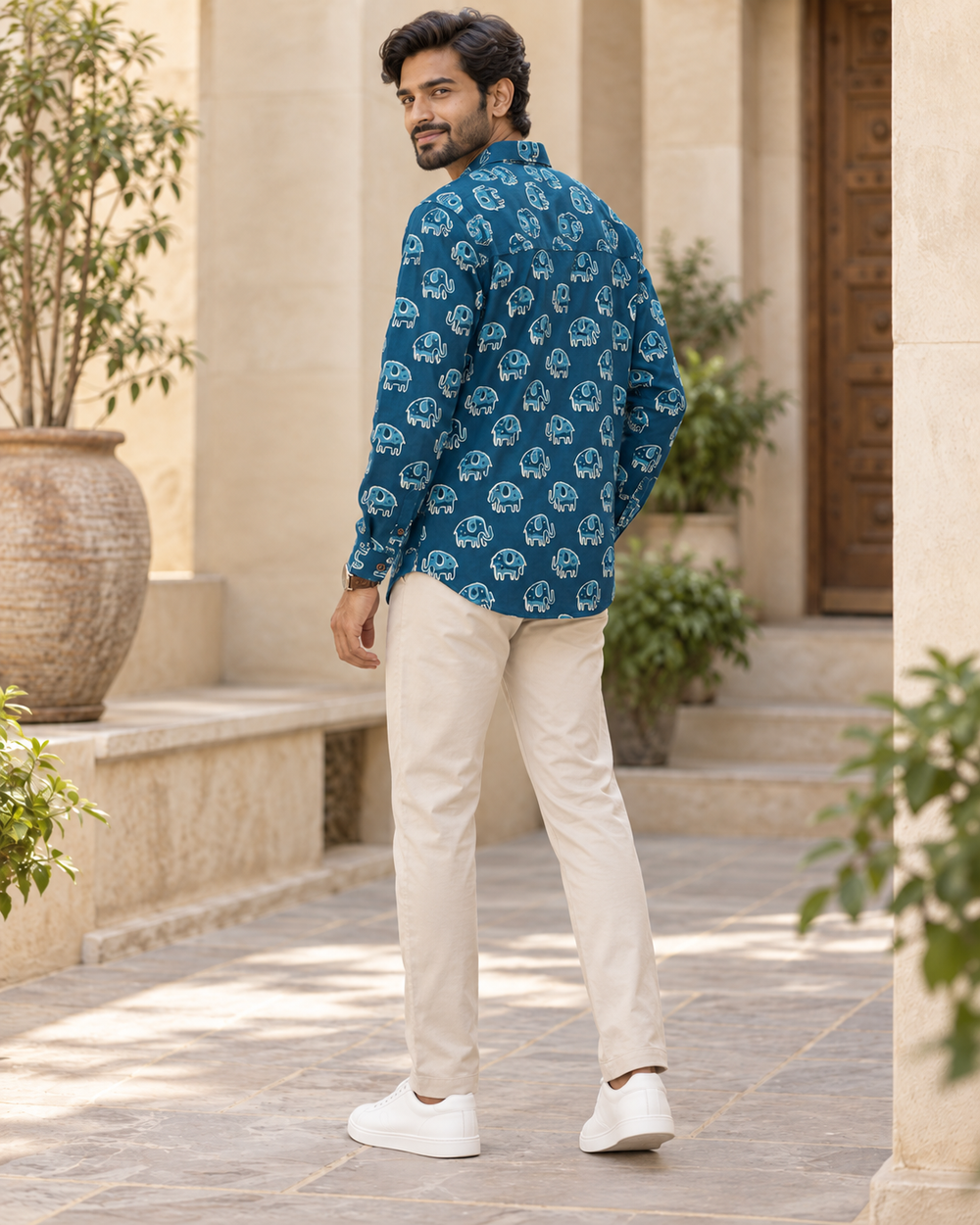Men's Teal Elephant Block Print Full Sleeve Shirt back — view 2