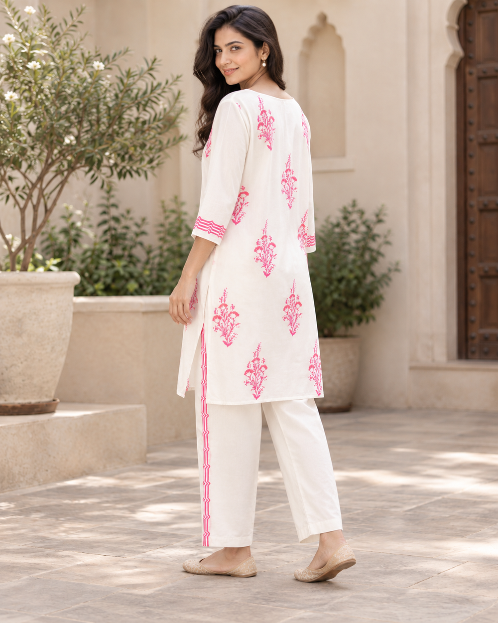 White and Pink Pattern Cotton Coord Set back — view 2