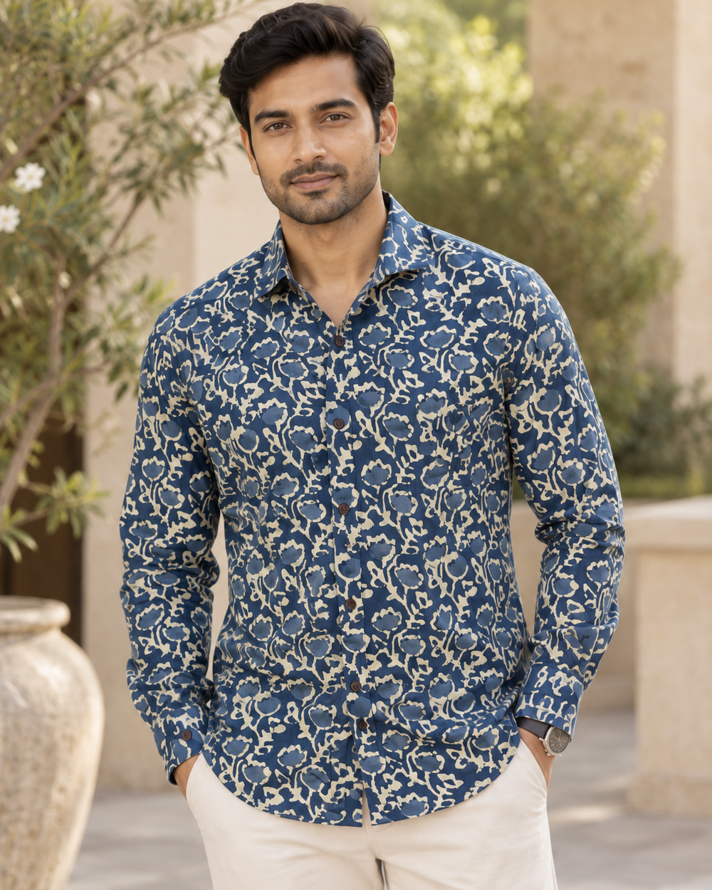 Men's Indigo Floral Vine Block Print Full Sleeve Shirt closeup — view 3