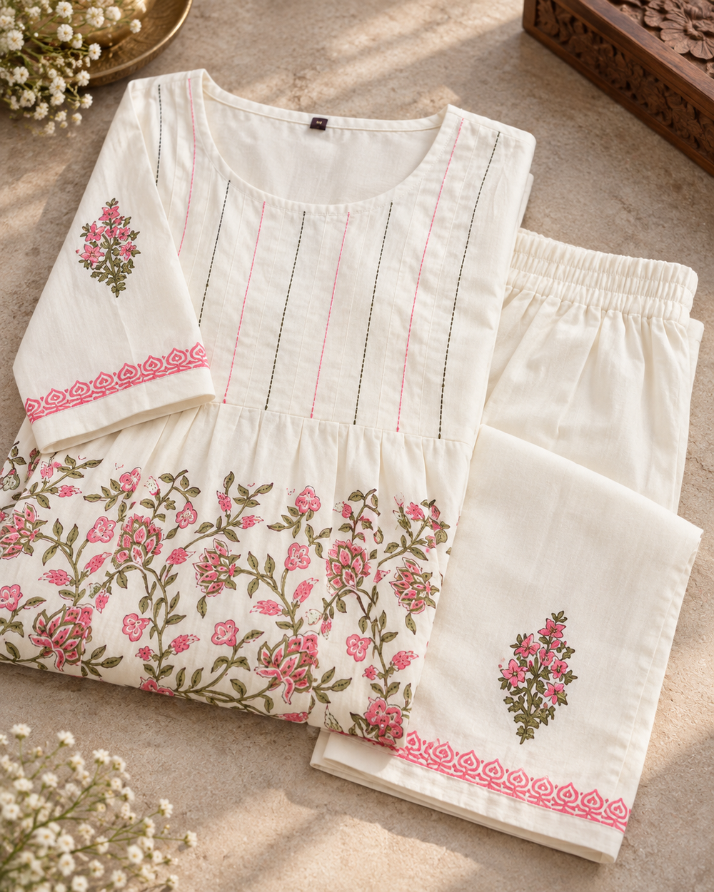 Off White Small Flower Pattern Cotton Coord Set detailed closeup — view 4