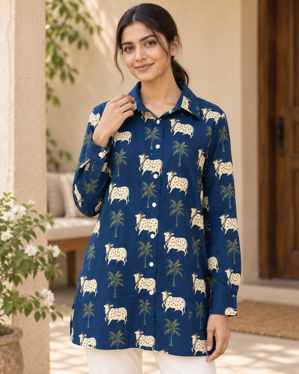 Women's Indigo Cow and Palm Block Print Full Sleeve Shirt closeup — view 3