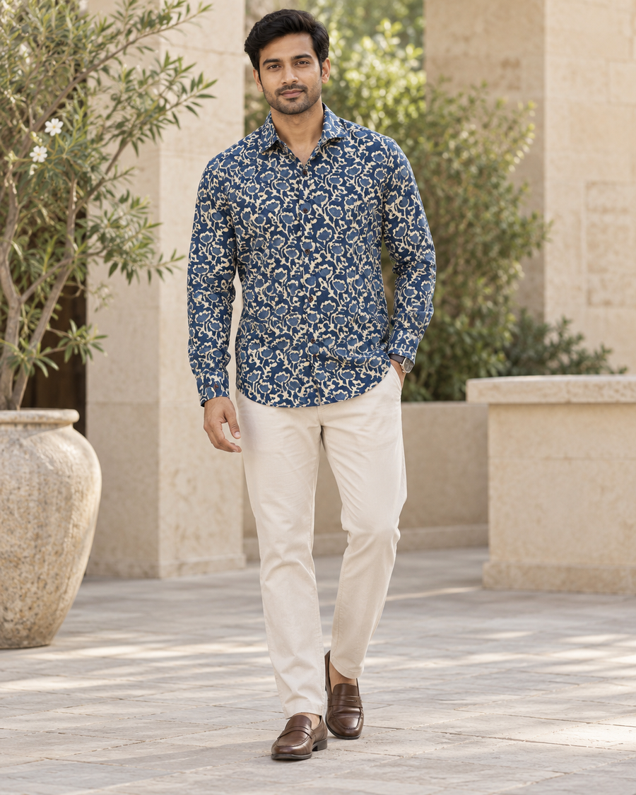 Men's Indigo Floral Vine Block Print Full Sleeve Shirt front
