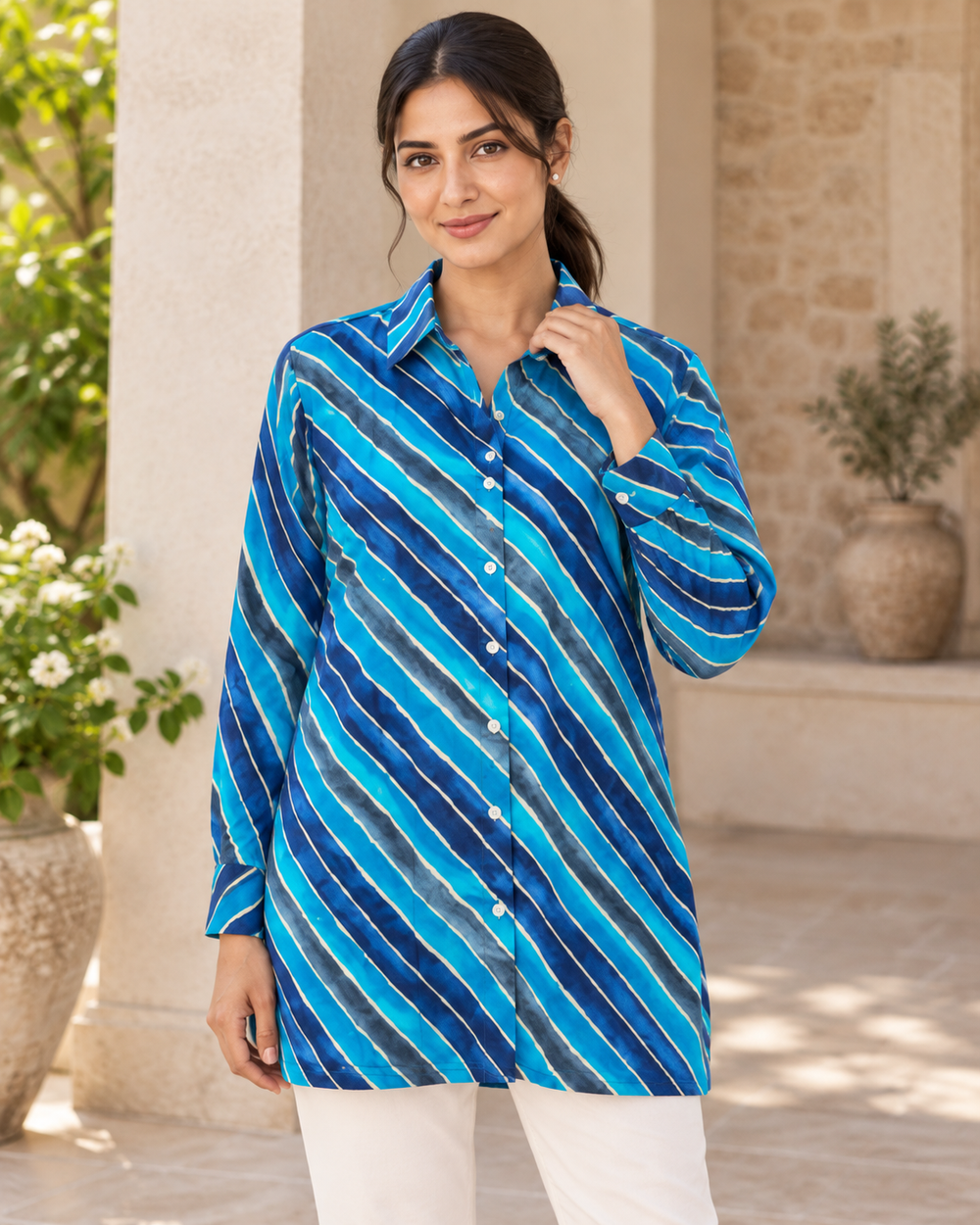 Women's Blue Leheriya Diagonal Stripe Full Sleeve Shirt closeup — view 3