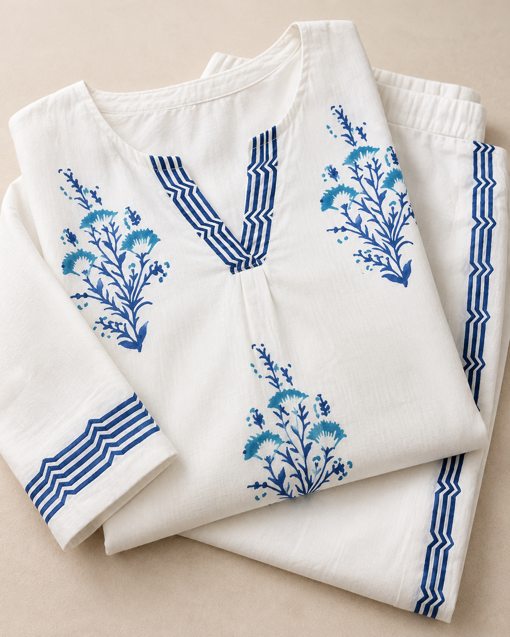 White and Blue Pattern Cotton Coord Set detailed closeup — view 4
