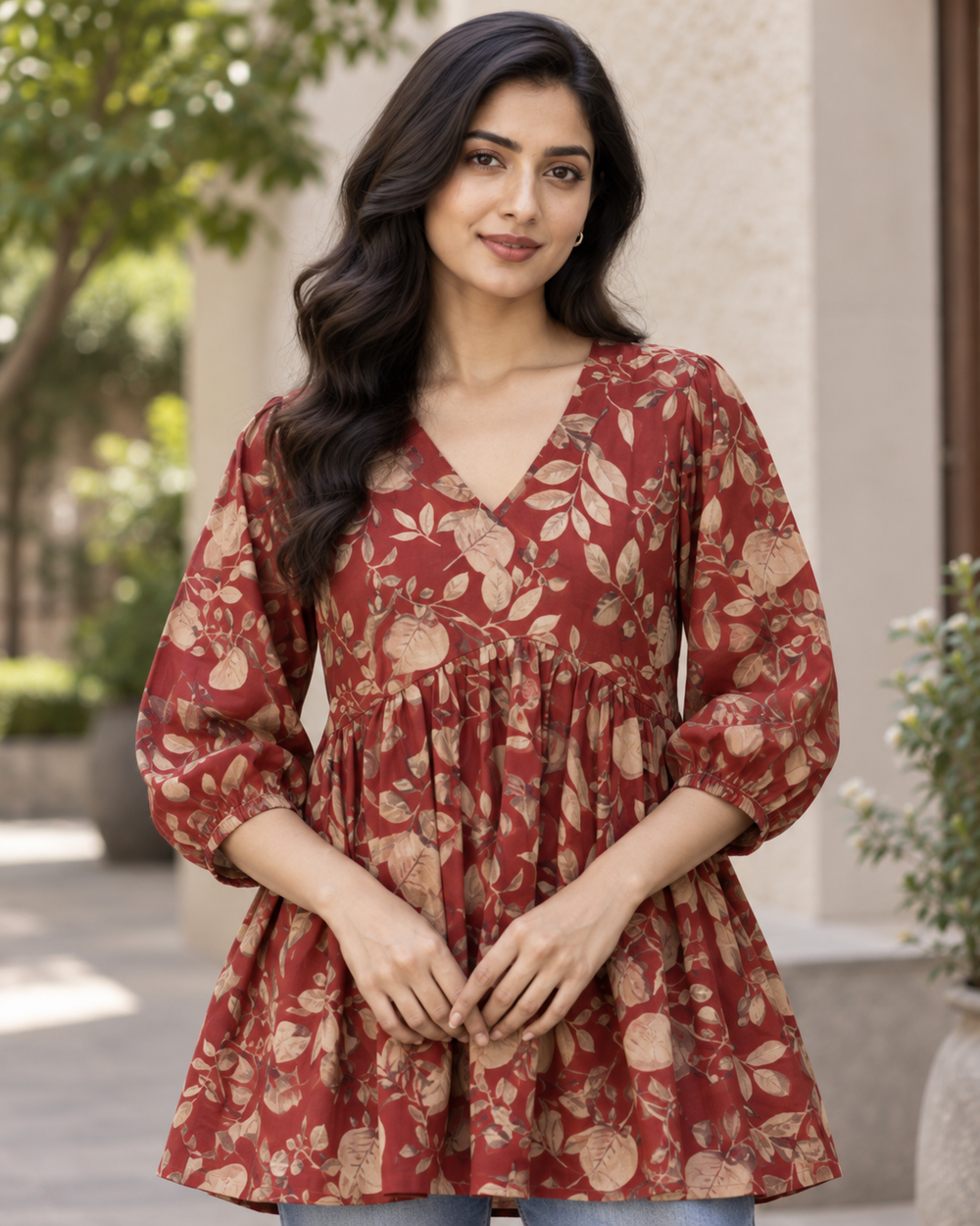 Women's Rust Floral Print Peplum Top closeup — view 3