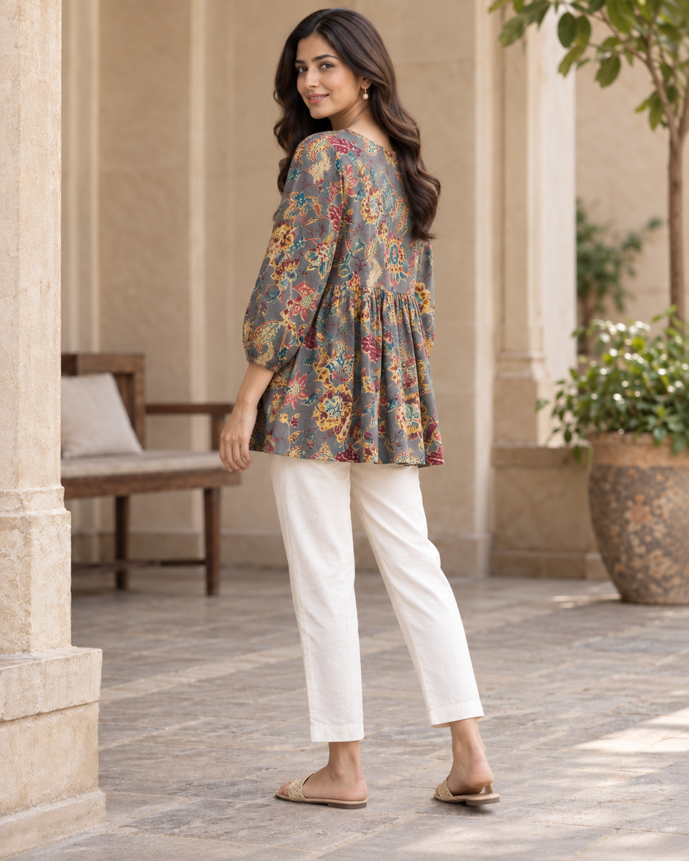 Women's Grey Floral Print Peplum Top back — view 2